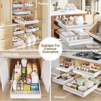 Seinloes 2 Pack Pull Out Cabinet Organizer With Raising Pad for Framed Cabinets,Expandable Width (11"-16") and Depth (17"-24"),3 Slide Rails Slide Out Drawers with Handle,No-Drill Roll Out Shelf,White - Image 7