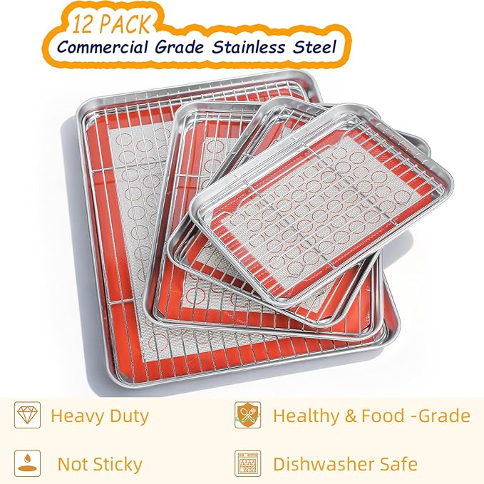 Baking Sheet Pan Set of 12, CEKEE Stainless Steel Cookie Sheets for Baking with Cooling Rack Silicone Baking Mat, Small/Quarter/Jelly Roll Pan, 9/10/12/16 Inch, Heavy Duty & Non Toxic & Easy Clean - Image 3