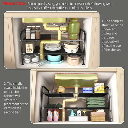 NETEL Under Sink Organizers and Storage,2 Tier Shelf Under Bathroom Sink,Cabinet Organizer with 8 Removable Carbon Steel Panels，Partition Height Adjustable,(27.36-36.02)" W x 12.28" D x 16.93" H