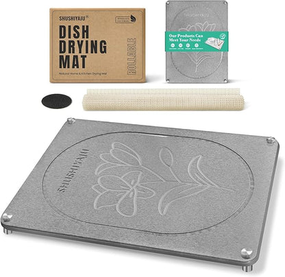 Stone Drying Mat For Kitchen Counter Superb Absorbent Diatomaceous Earth Mats with Non-Slip Feet Quick Dry Stone Dish Drying Pad Dish Pad Multi-Purpose(Floral-MediumGray, 15.7" x 11.8")