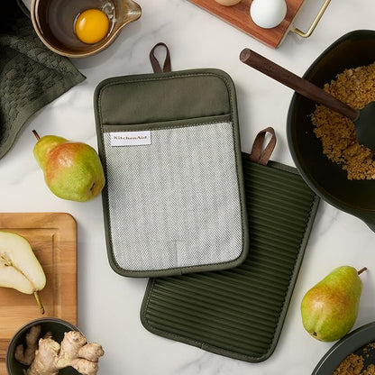 KITCHENAID® Evergreen Design Series Herringbone Ribbed Soft Silicone Pot Holders 2-Pack Set, Heat Resistant up to 500°F, Flexible & Waterproof, Deep Forest Green, 7"x10" - Image 2