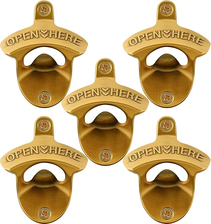 Antique Gold Wall Mounted Bottle Opener, Stainless Haning Beer Bottle Opener Embossed OPEN HERE for Kitchen Table Cabinet (5 PCS) by Wallmountedbottleopener