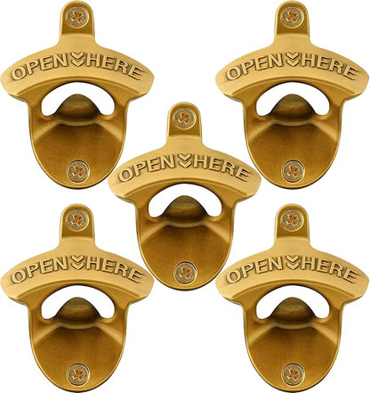 Antique Gold Wall Mounted Bottle Opener, Stainless Haning Beer Bottle Opener Embossed OPEN HERE for Kitchen Table Cabinet (5 PCS) by Wallmountedbottleopener