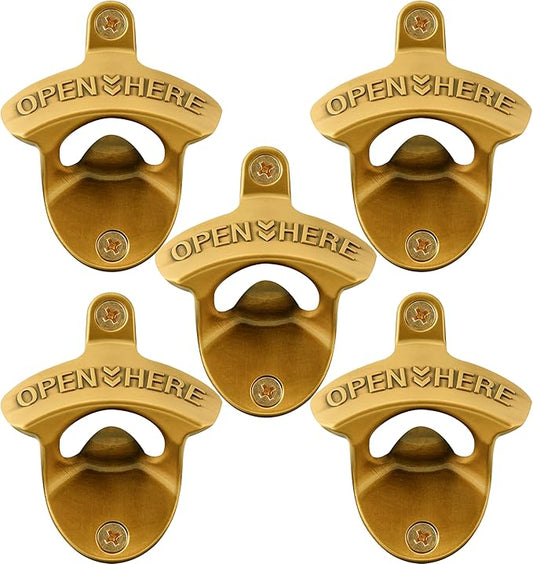 Antique Gold Wall Mounted Bottle Opener, Stainless Haning Beer Bottle Opener Embossed OPEN HERE for Kitchen Table Cabinet (5 PCS) by Wallmountedbottleopener