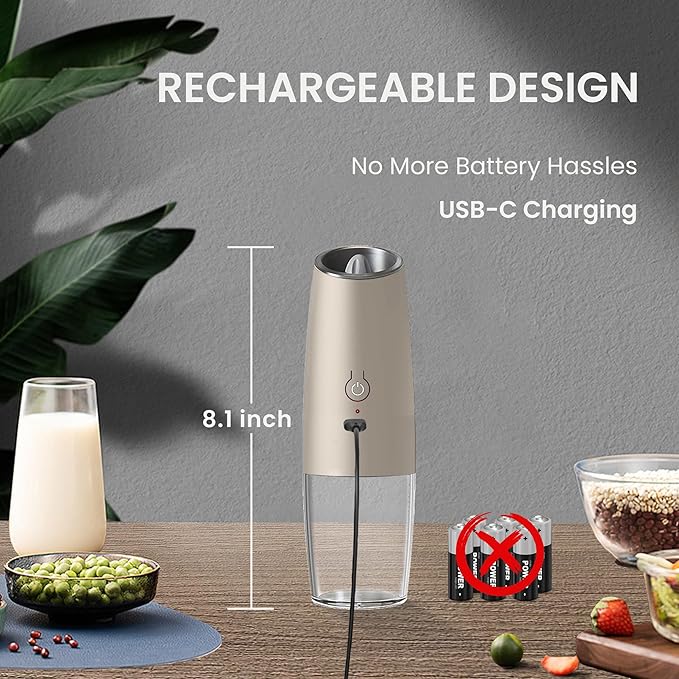 Rechargeable Salt And Pepper Grinder Set with LED Light, Automatic Electric Gravity Salt And Pepper Shakers Set, No Battery Needed, Adjustable Roughness, 2 Pack (Khaki) - Image 4