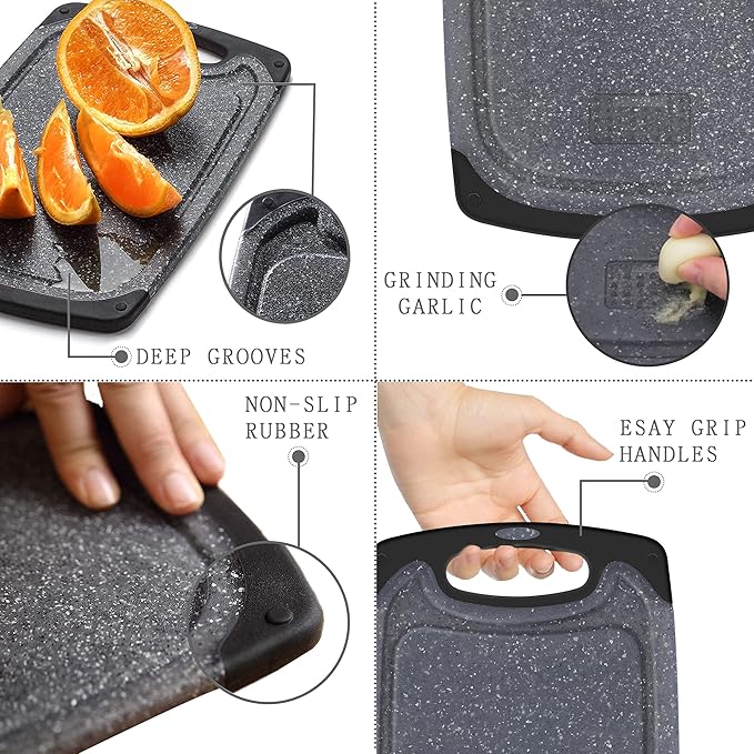 Viretang Plastic Cutting Boards Set of 3 Extra Large for Kitchen, Thick Chopping Board with Deep Juice Grooves, Non‑Slip Feet, Easy Grip Handle, BPA Free, Dishwasher Safe,Black - Image 3
