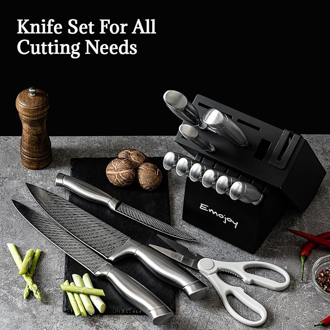 Knife Set, Emojoy 15 Pieces Kitchen Knife Block Set with Built-in Sharpener, High Carbon Stainless Steel Sharp Knife Block Set with Hollow Handle