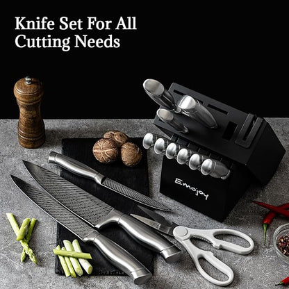 Knife Set, Emojoy 15 Pieces Kitchen Knife Block Set with Built-in Sharpener, High Carbon Stainless Steel Sharp Knife Block Set with Hollow Handle