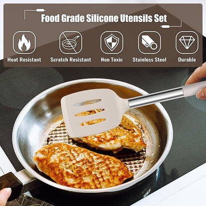 E-far 14 Pieces Silicone Cooking Utensils Set, Kitchen Utensils Set with Holder, Spatula, Ladle, Spoon, Tong, Slotted Turner for Nonstick Cookware, Heat Resistant & Stainless Steel Handle, Khaki - Image 3