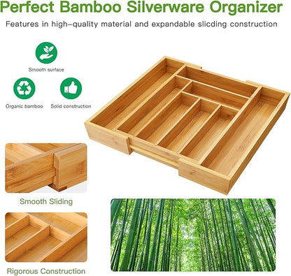 Pipishell Bamboo Expandable Silverware Drawer Organizer, Adjustable Kitchen Utensil Tray for Forks, Spoons and Knives, Wood Storage Cutlery Holder for Bedroom and Living Room - Image 5