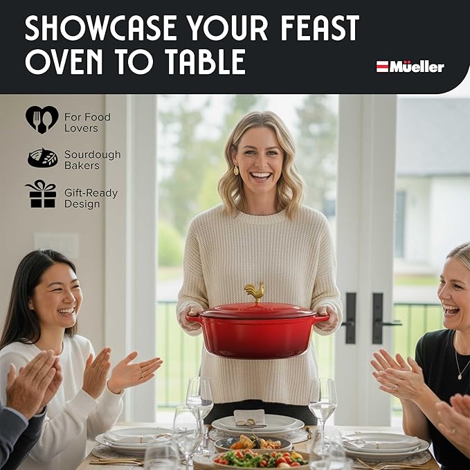 MUELLER HOME 5.5 Quart Enameled Cast Iron Oval Dutch Oven w Rooster Knob & Cotton Potholders, Heavy-Duty Cookware, Oven-Safe up to 500° F & Across All Cooktops, Gifts for Grandma & Women, Red - Image 8