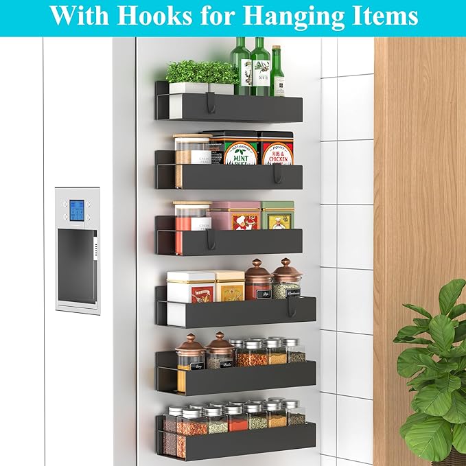 HuggieGems 6 Pack Magnetic Spice Storage Rack Organizer for Refrigerator and Oven, Black Fridge Organizers and Storage - Image 2