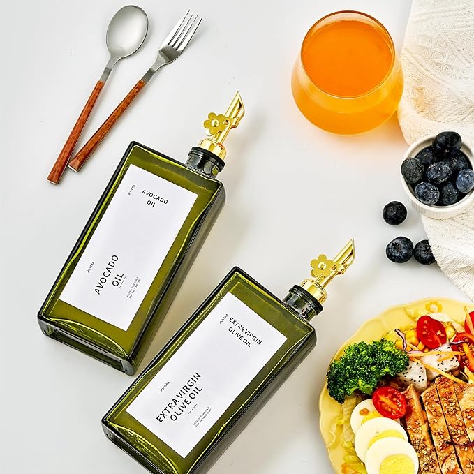 Olive Oil Dispenser Bottle for Kitchen, 16.9oz /500ml Cooking Vinegar Dispenser Bottle Set, Glass Sauce Container, Labels, Brush, Funnel, Stoppers, Green for Oil, Wine - Image 5