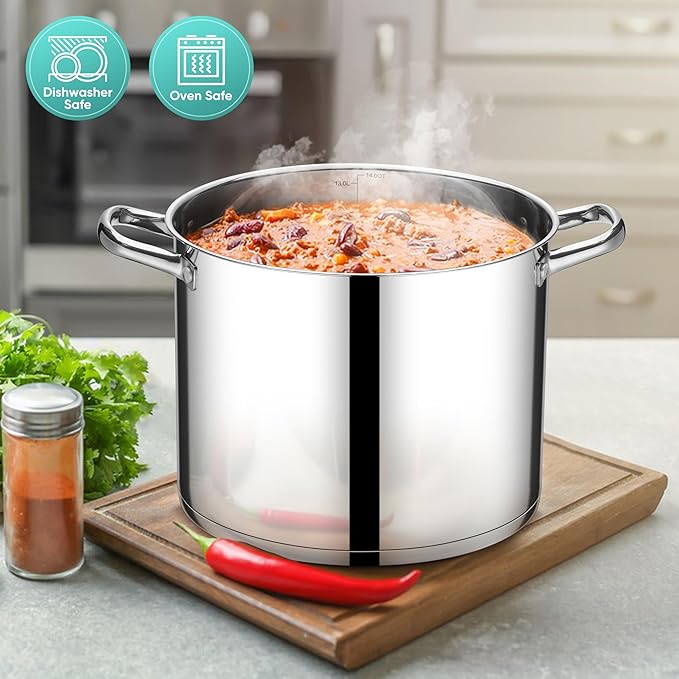 E-far 14 Quart Stainless Steel Stock Pot, Heavy Duty Induction Stockpot with Glass Lid for Cooking Soup Canning, Thick Tri-Ply Bottom & Riveted Handles, Compatible with All Stoves, Dishwasher Safe - Image 6