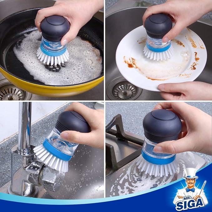 MR.SIGA Soap Dispensing Palm Brush, Kitchen Brush for Dish Pot Pan Sink Cleaning, Pack of 2, Navy/Blue - Image 6
