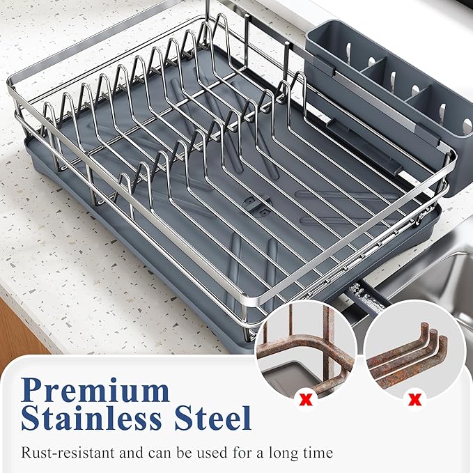 SNTD Dish Drying Rack for Kitchen Counter - Stainless Steel Dish Rack with Drainboard, Large Dish Drainer with Utensil Holder for Sink, Silver - Image 6