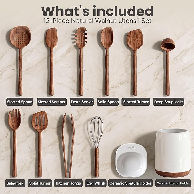 Wooden Spoons for Cooking - 12-Piece Premium Walnut Wood Utensil Set with Elegant Ceramic Holder & Spoon Rest, Non-Scratch Cooking Utensils Set for Nonstick Cookware, Luxury Kitchen Gift Set [Walnut]