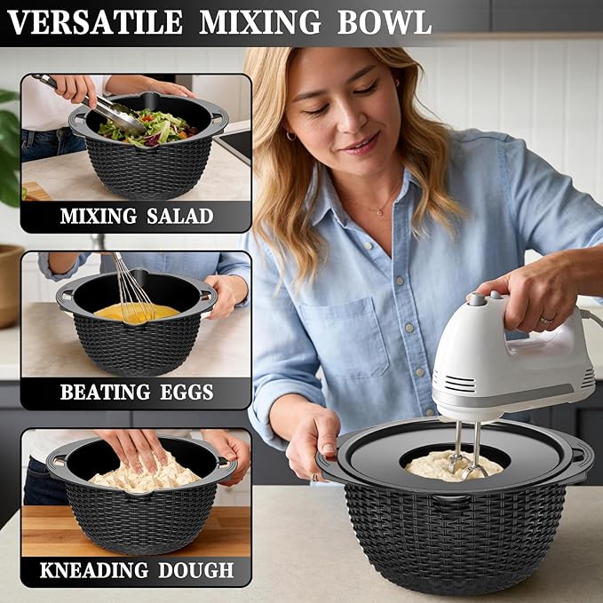 4-1 Colander with Bowl Set - Colander for Kitchen - Rotatable Strainers and Colanders(Patented) - Pasta Strainer - Bowl With Colander & New Upgraded Graters for Fruit Veggie, Kitchen Essentials, Black - Image 6
