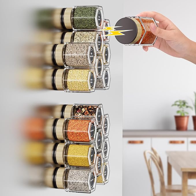 Vetacsion Set of 18 Magnetic Glass Spice Tins with 100 Preprinted Seasoning Label Stickers (Include Black Metal Wall-Plates) - Image 7