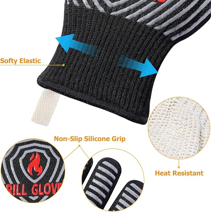 QUWIN BBQ Gloves, Oven Gloves, 1472℉ Extreme Heat Resistant,Grilling Gloves Silicone Non-Slip Oven Mitts, Kitchen Gloves for BBQ, Grilling, Cooking, Baking-1 Pair… (Black, One Size Fits Most) - Image 5