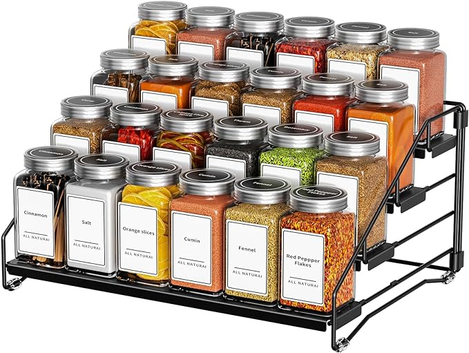 BOIVSHI 4 Tier Spice Rack for Cabinet, Spice Rack Organizer, Depth Adjustable Spice Holder for Countertop, Cupboard, Pantry, Seasoning Shelf, Metal, Black (1 Pack) by BOIVSHI