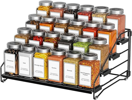 BOIVSHI 4 Tier Spice Rack for Cabinet, Spice Rack Organizer, Depth Adjustable Spice Holder for Countertop, Cupboard, Pantry, Seasoning Shelf, Metal, Black (1 Pack) by BOIVSHI