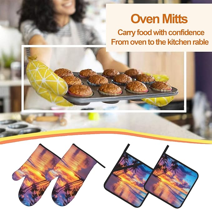 Palm Tree Seaside Pattern Oven Gloves and Hot Pads Set - Heatproof Hand Protection for Baking, Grilling, Cooking, Gifts for Women 4Pcs