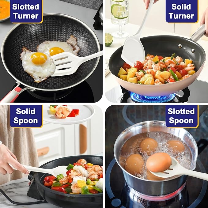 P&P CHEF Kitchen Utensil Set, 4 Pieces Non-stick Silicone Cooking Utensils, Heat-resistant Slotted Solid Spoon Turner for Frying, Mixing, Serving, Non-toxic & Easy to Clean, White - Image 4