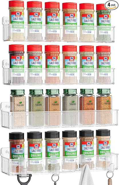 Nieifi Spice Rack Wall Mount, 4 Pack, Clear, Screw or Adhesive Installation, Spice Rack Organizer for Your Kitchen Cabinet or Pantry Door by Nieifi
