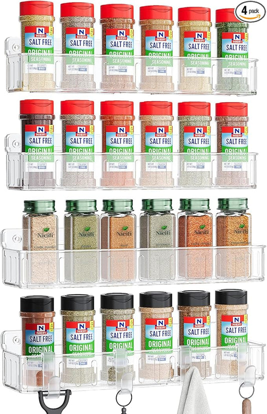 Nieifi Spice Rack Wall Mount, 4 Pack, Clear, Screw or Adhesive Installation, Spice Rack Organizer for Your Kitchen Cabinet or Pantry Door by Nieifi