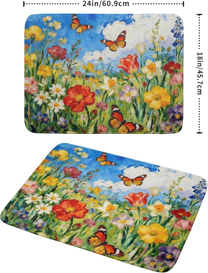 Cute Floral Dish Drying Mat for Kitchen Counter 18x24, Spring Summer Decorative Absorbent Reversible Microfiber Kitchen Countertop Protector Dishes Drainer Pad, Watercolor Flower Butterfly - Image 2
