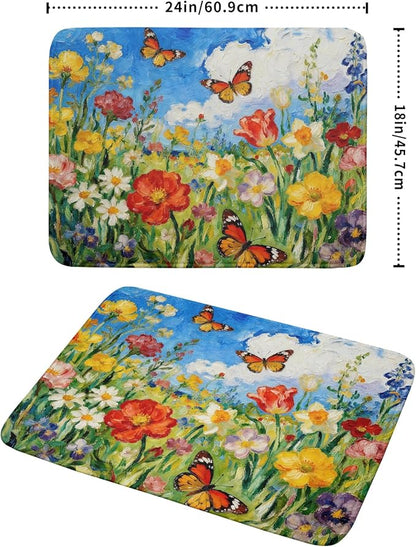 Cute Floral Dish Drying Mat for Kitchen Counter 18x24, Spring Summer Decorative Absorbent Reversible Microfiber Kitchen Countertop Protector Dishes Drainer Pad, Watercolor Flower Butterfly - Image 2