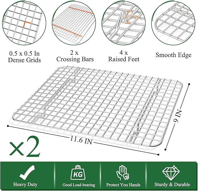 P&P CHEF 12.5 Inch Toaster Oven Pan with Rack Set, Stainless Steel Baking Pan Tray and Grid Cooling Rack for Cooking/Roasting, Dishwasher Safe & Easy to Clean, Non-toxic & Sturdy, (4Pcs)