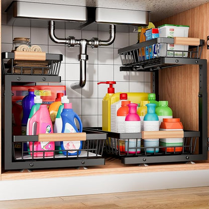 Under Sink Organizer, 2 Pack 2 Tier Under Sink Organizers and Storage, Slide Out Pull Out Cabinet Organizer Shelf, Height Adjustable Metal Drawer for Kitchen Bathroom Closet Organization Rack Black