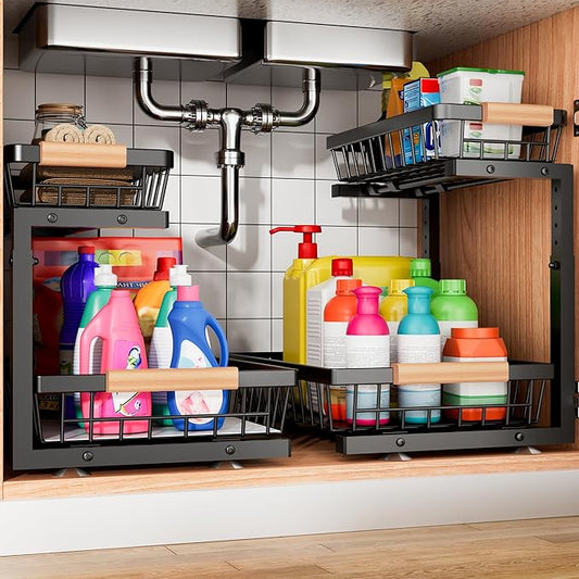 Under Sink Organizer, 2 Pack 2 Tier Under Sink Organizers and Storage, Slide Out Pull Out Cabinet Organizer Shelf, Height Adjustable Metal Drawer for Kitchen Bathroom Closet Organization Rack Black