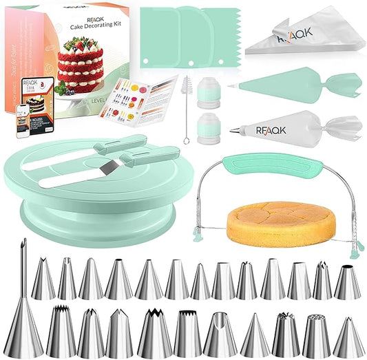 RFAQK 90PCs Cake Decorating Kit with Leveler, Baking Supplies Gift Includes Cake Stand Turntable, 24 Numbered Icing Tips, 55+1 Piping Bags, 2 Frosting Spatulas, 3 Scrappers, Video Course & Booklet by RFAQK