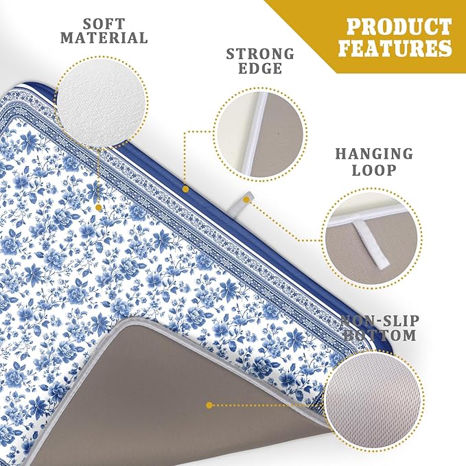 Blue Floral Branches Dish Drying Mat for Kitchen Counter Chinoiserie Pattern Dish Drying Pad 16”x18”Absorbent Vintage Flowers Decor Dishes Drainer Pad Dish Dry Rack Mat for Counter Coffee Bar