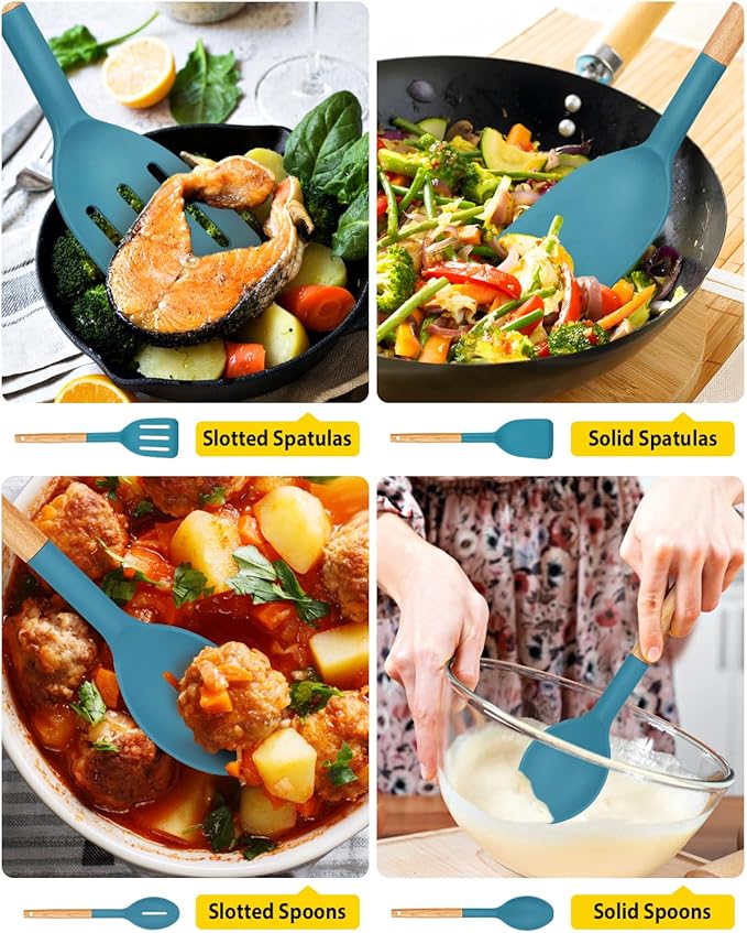 Pack of 4 Silicone Cooking Utensils Set, Non Stick Solid Spatulas and Heat Resistant Slotted Spoons with Wooden Handle, Ideal Wood Kitchen Utensils Set for Frying,Serving,Turning,Stirring (BLUE) - Image 5