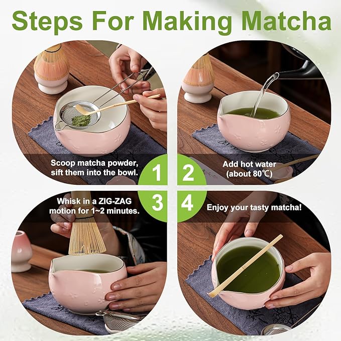 Clay&Fire Matcha Whisk Set, 9 pcs Ceramic Matcha Set, Gifts for Women,Matcha Bowl with Spout and Whisk, Matcha Kit for Matcha Lovers, Ideal Gift Christmas, Birthday, Anniversary (Cherry Bloom-Pink) - Image 5