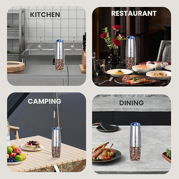 Rechargeable Salt And Pepper Grinder with LED Light, Automatic Electric Gravity Salt And Pepper Shakers, No Battery Needed, Adjustable Roughness, 1 Pack (Silver) - Image 7