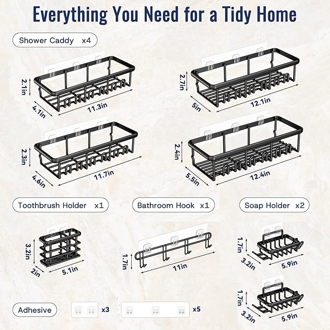 8 Pack Adhesive Rustproof Shower Shelves with Soap Dishes, Toothbrush Holder & Hooks, Large Capacity No-Drilling Shower Shelves Rack for Bathroom Organizers and Storage Accessories, Black