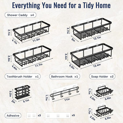 8 Pack Adhesive Rustproof Shower Shelves with Soap Dishes, Toothbrush Holder & Hooks, Large Capacity No-Drilling Shower Shelves Rack for Bathroom Organizers and Storage Accessories, Black