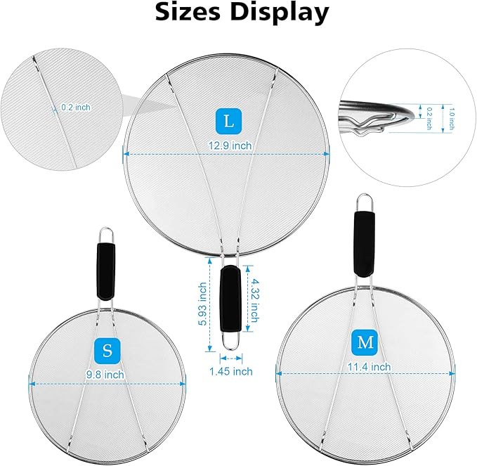 Splatter Screen for Frying Pan - 9.8" 11.4" 13" Stainless Steel Fine Mesh Grease Splatter Guard with Silicone Handle, Hot Oil Splash Guard for Cooking to Prevent Oil Splatter, Safe Cooking - Image 2
