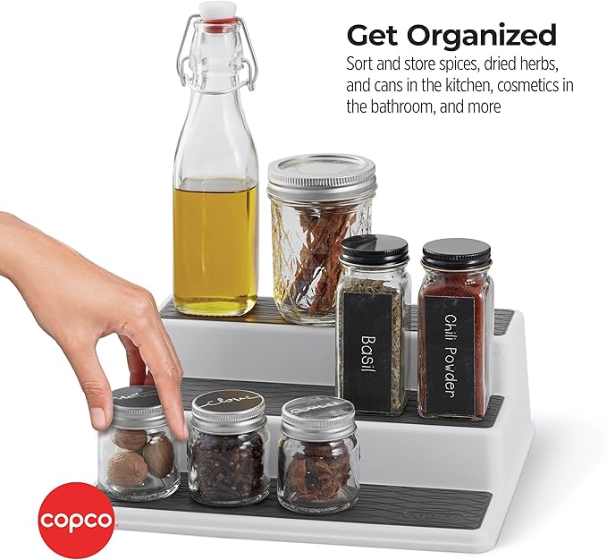 Copco Non-Skid 3-Tier Spice Rack Organizer for Cabinet - 10 Inch Kitchen Pantry Organizer with Raised Rims, White and Gray Step Shelf for Spices, Cans, Jars - Easy Clean Storage Solution - Image 8