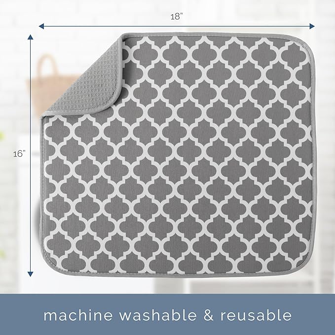 S&T INC. Dish Drying Mat, 16” x 18”, Absorbent Microfiber Kitchen Counter Mat, Dish Drying Pad for Dishes, Utensils, Pots and Pans, Large, White Trellis - Image 6