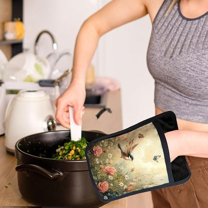 Rustic Floral Bird Pot Holders with Pockets, Cottagecore Wildflower Butterfly Oven Pot Holders Heat Resistant Oven Mitts Hot Pads for Kitchen Baking Cooking