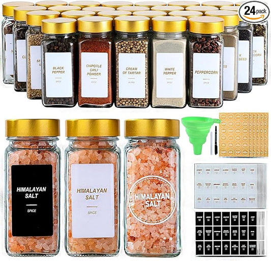 Glass Spice Jars with Label, 24Pcs Spice Jars with Shaker Lids-4 oz Gold Spice Seasoning Jars Bottles Containers Set for Spice Rack (24) by JARXSUN