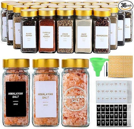 Glass Spice Jars with Label, 36 Pcs Spice Jars with Shaker Lids-4 oz Gold Spice Seasoning Jars Bottles Containers Set for Spice Rack (36) by JARXSUN