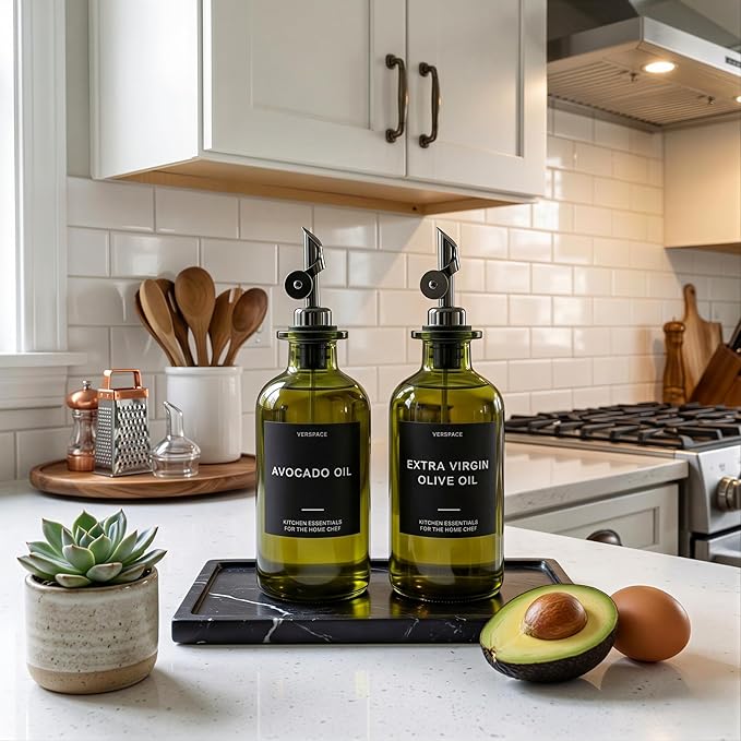 Verspace UV-Protected Green Glass Olive Oil Dispenser Bottles For Kitchen - 2 Pack - 12oz Includes 40 Kitchen Essential Labels, Avocado Oil Dispenser Set, Modern Decor for Home, Airbnb, Cafe - Image 2