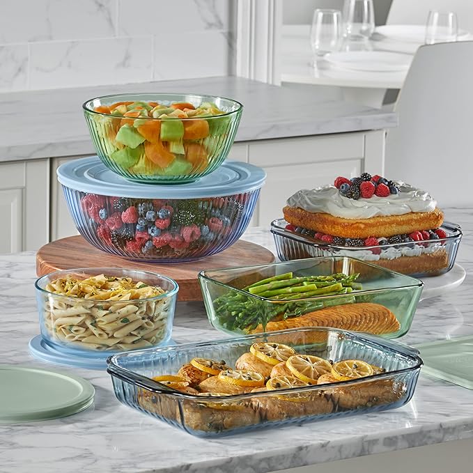 Pyrex Colors (2-Pack) Sculpted Tinted Medium/Large Glass Mixing Bowls With Plastic Lids, Nesting Space Saving Set of Bowls For Prepping and Baking, 2.3QT & 4.5QT - Image 5